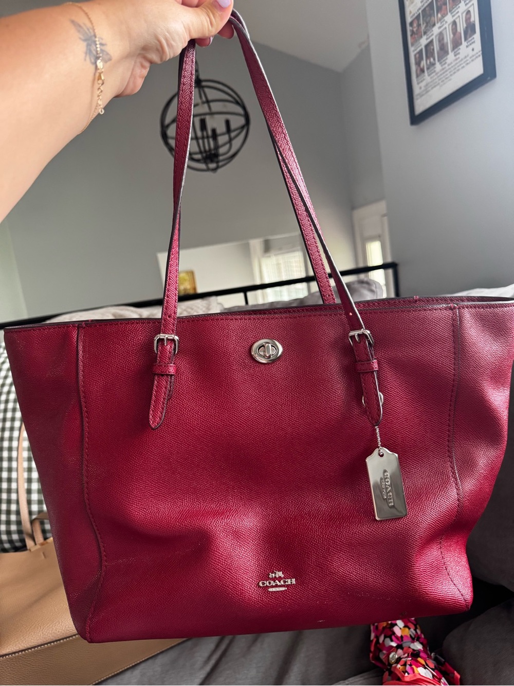 Coach Wine Red Leather Tote with Turnlock and Tag